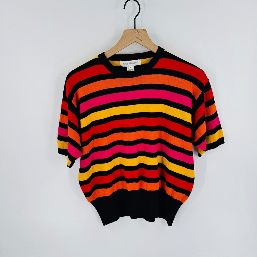 Vintage‎ Jones New York Striped Knit Top Short Sleeve Crew Neck Bold Size M 90s